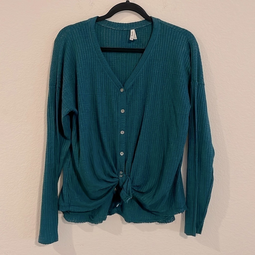 Mudd Women’s Long Sleeve Shirt XL Green Waffle Knit Cotton Causal Contemporary